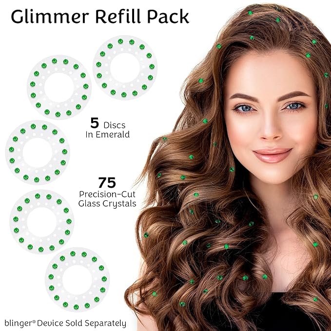 blinger® Shimmer Crystal Refill Pack – as seen on Shark Tank | 5 Discs – 75 Precision-Cut Glass Crystals | Hair-Safe Accessories | Styling Tool Not Included| Emerald 4 mm