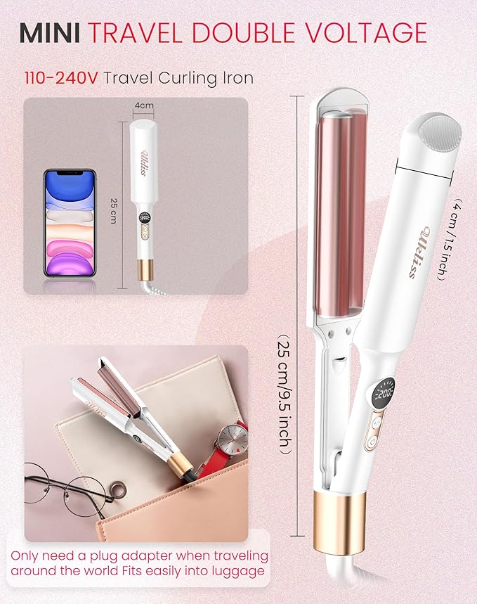 Mini Waver Hair Tool Crimper for Women Short Hair 0.4 inch Travel Double Barrel Small S Waver Ceramic Curling Iron (110-240V) Dual Voltage with 5 Temps, Anti-scalding for Dating, Daily (White)