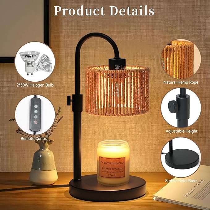Boho Candle Warmer Lamp, Adjustable Height Candle Wax Warmer with Timer, Candle Lamp Warmer for Jar Candles, House Warming Gifts Brithday Gifts for Women Bedroom Home Decor (Rattan)