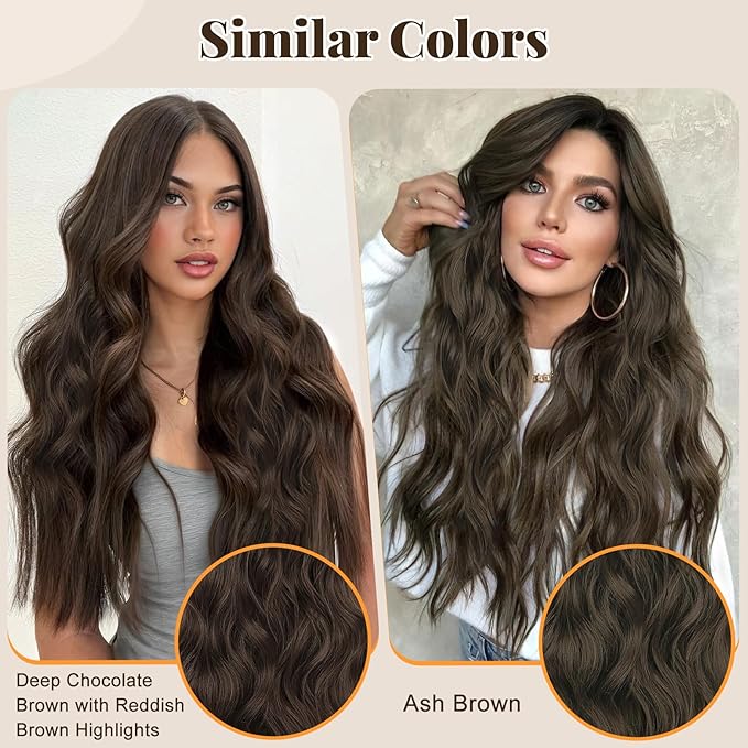 ALXNAN Clip in Long Wavy Synthetic Hair Extension 24 Inch Ash Brown 4PCS Thick Hairpieces Fiber Double Weft Hair for Women