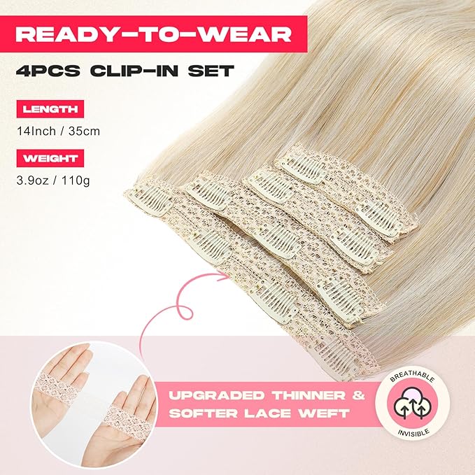Hair Extensions, 14" Short Clip in Hair Extensions 4PCS Straight Natural Soft Synthetic Hairpiece for Women - Ash Blonde with Highlights