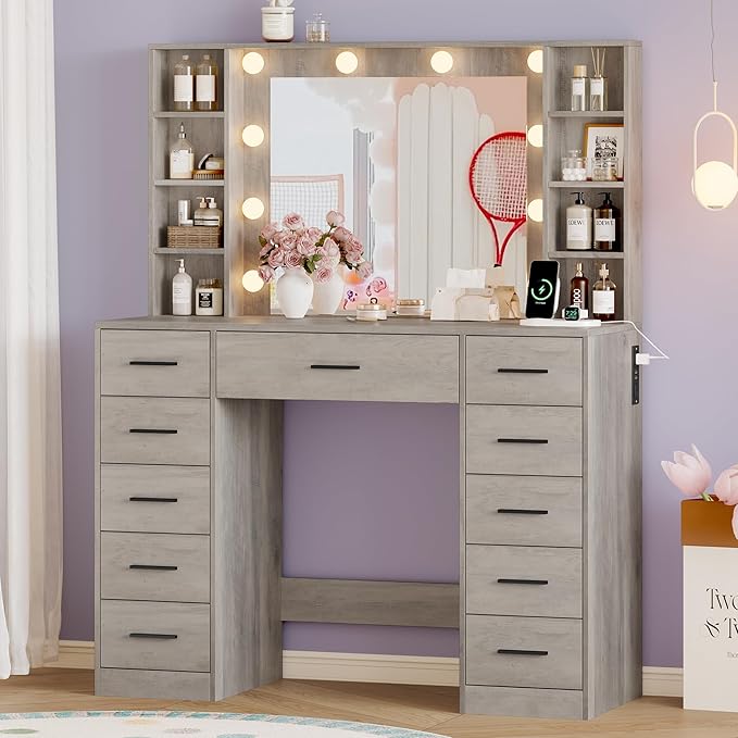 Makeup Vanity with Drawers, 43" Grey Vanity Desk with Mirror and Lights, 11 Drawers & 4 Shelves, Power Outlet & Adjustable LED Lights, Dressing Table for Women & Girls Bedroom