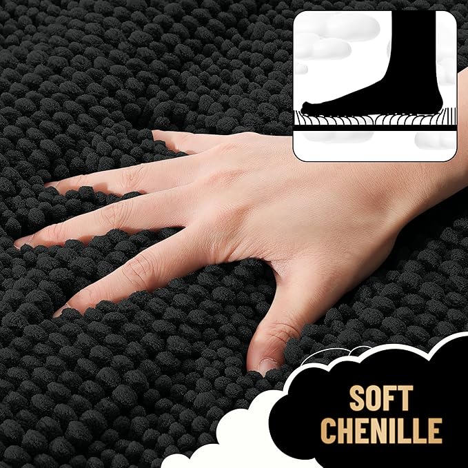 OLANLY Thick Bathroom Rugs 70x24, Extra Soft Absorbent Chenille Striped Bath Rugs, Rubber Backing, Machine Wash Dry, Bath Mats for Bathroom Floor, Tub and Shower, Home Decor Accessories, Black
