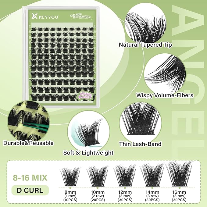 KEYYOU LASH clusters 144Pcs D Curl Angel Eyelash Extension Thick Wispy Natural Band Lash with Waterproof DIY Lash Extension at Home（Angel A05-D-8-18MIX）
