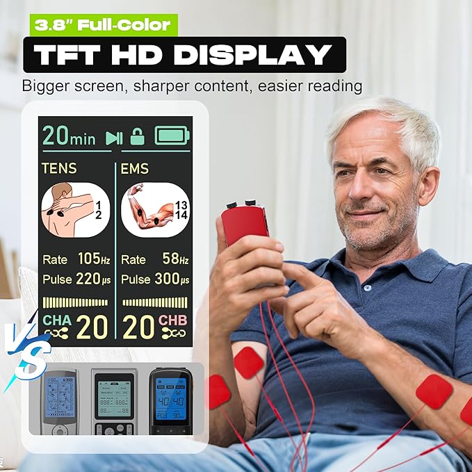 TENS Unit Muscle Stimulator with Color Display,Dual Channel TENS EMS Machine with Customizable Frequency&Pulse Width,36 Modes,20 Intensity Levels,Rechargeable Pain Relief Device–Red(Button Layout B)