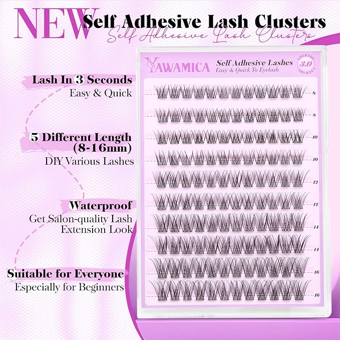 Yawamica Self Adhesive Lash Clusters Natural Press on Lashes Reusable Eyelash Clusters No Glue Needed 8-16mm Self Adhesive Eyelashes C Curl Individual Lashes DIY Lash Extension with Easy Application