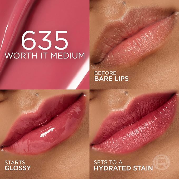 L'Oreal Paris Hyaluron Tint Lip Stain Serum, Long Lasting, Hydrating Lip Makeup Infused with Hyaluronic Acid, 635 Worth It Medium (Medium Berry Nude)