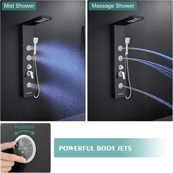 KINKIB LED Shower Panel Tower System, 6-in-1 Shower Tower with Rainfall Waterfall Shower Head, 2 Modes Powerful Body Jets, Handheld Shower and Tub Spout, Stainless Steel Shower Column, Black