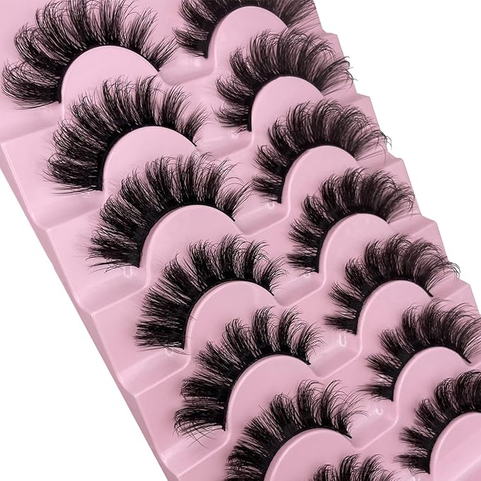 Eyelashes Wispy Lashes Strips - Russian D Curl Strip lashes, 3D Volume Mink Eyelash for Dramatic Look, 7-Pairs Fluffy False Eyelashes
