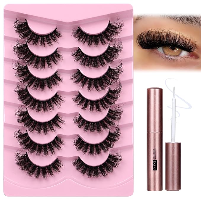 JIMIRE Faux Mink Lashes Volume False Eyelashes with Lash Glue Kit 18MM Dramatic Fluffy Cat Eye Lashes Russian Strip Lashes D Curl Mink Lashes Fluffy 7 Pairs Pack