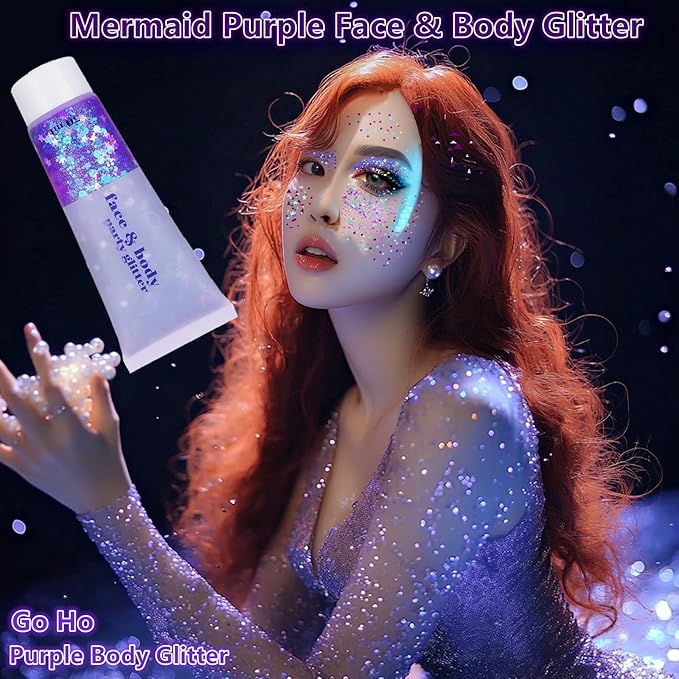 Go Ho Mermaid Purple Face Body Glitter Gel,Holographic Purple Hair Glitter,Mardi Gras Outfit for Women Kids,Chunky Sequins Glitters for Eye Lip Nails,Festival Rave Accessories