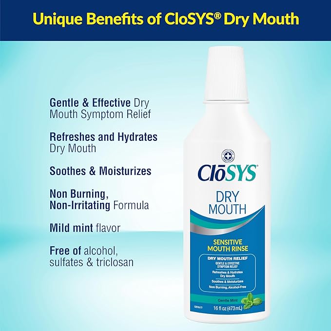 CloSYS Dry Mouth Mouthwash Rinse, 16oz, Alcohol-Free, pH Balanced, Dry Mouth Relief, Mild Mint Flavor