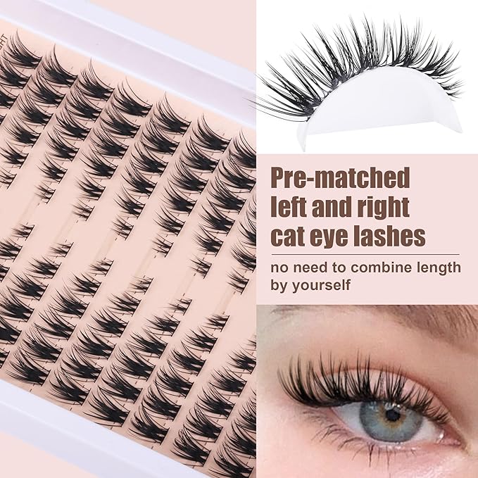 TOOCHUNAG Natural Lash Clusters Left&Right Cluster Eyelash Extensions 3D Wispy Individual Eyelashes 7-15mm Thin Band Cat Eye Lashes Clusters CD Curve Lash Extension