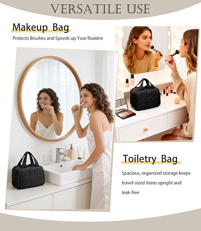 BUZFOWU Travel Toiletry Bag for Women, Large Wide-open Puffy Cosmetic Makeup Bag with Wet-Dry Separation, Multi-Pocket Organizer with Carry Handle for Toiletries, Cosmetics, Essentials, Black