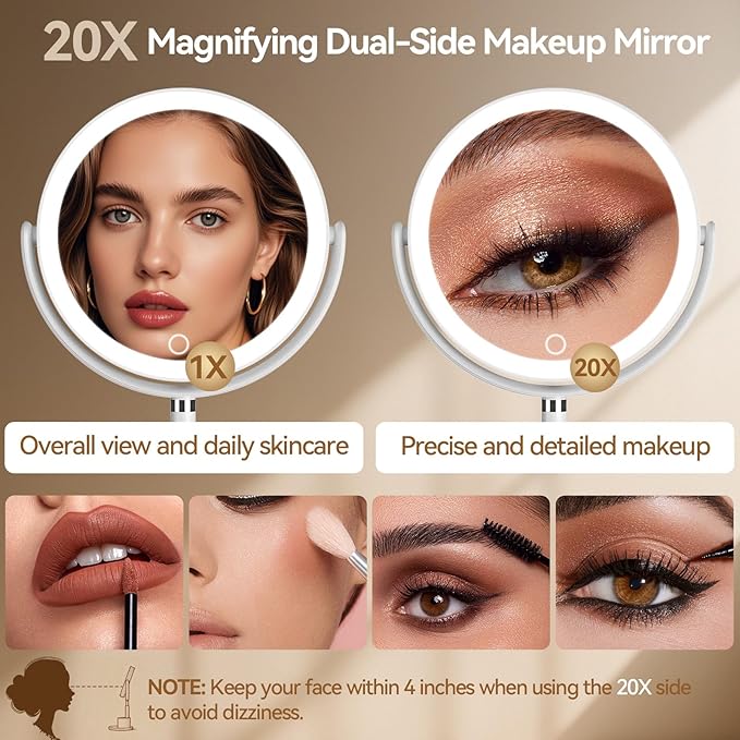 Shinowa Makeup Mirror with Lights, 1X/20X Lighted Makeup Mirror with Storage for Makeup & Jewelry, 2-Sided Height Adjustable Magnifying Mirror with 3 Color Lights, 360° Rotation & Rechargeable, White
