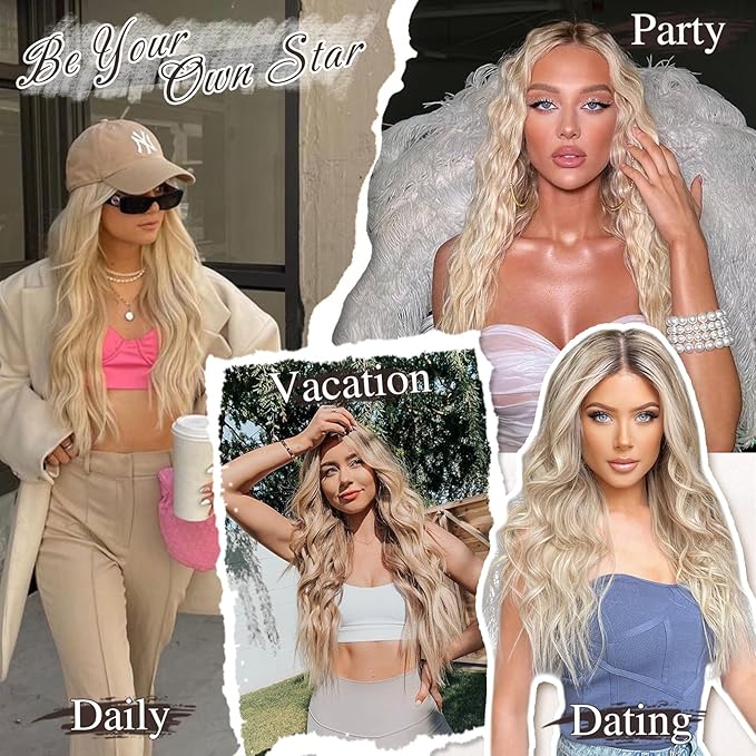 BARSDAR Golden Blonde Clip in Hair Extensions - Golden Blonde Highlight Wavy Clip in Hair Extensions for Women - 16 Inch 6 PCS Voluminous Thick Soft Synthetic Beach Wavy Hairpieces Daily Party