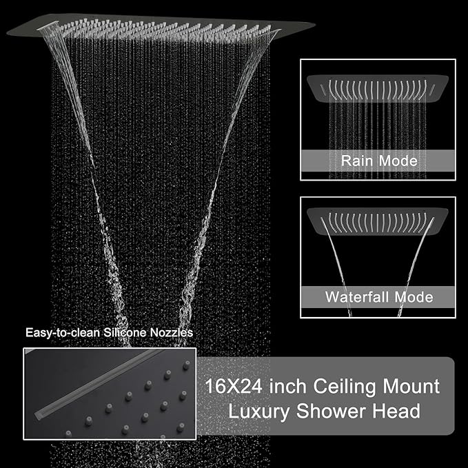 KATAIS Matte Black Shower System with Digital Temperature Display, 16x24 inch Ceiling Shower(Rain&Waterfall Modes), with 6 PCS Body Jet and Handheld Spray