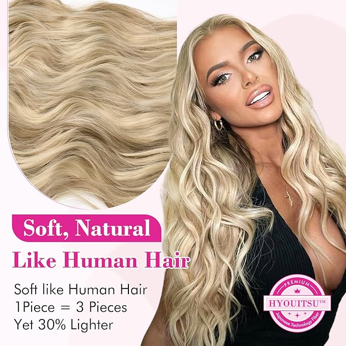 REECHO Clip in Hair Extensions, 20” One Piece Hair Extension Clip in Wefts Long Thick Beach Wavy Natural Soft Synthetic Hairpieces for Women, Dark Ash Blonde