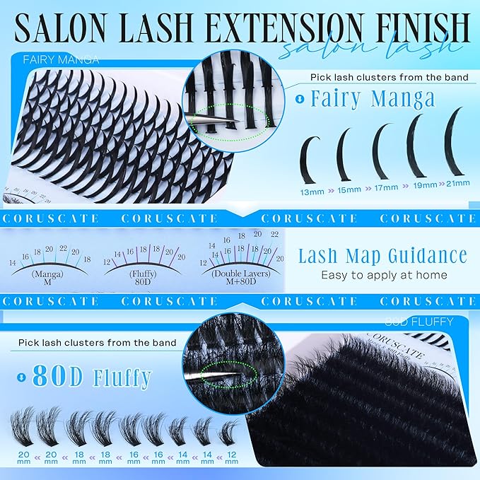 CORUSCATE Lash Clusters 80D Long 12-20mm Lash Spikes, Thick Cluster Eyelash Extensions Volume Individual Lashes DIY Spiky Lash Extension Mega Eyelashes Cluster Mink Strips Lashes