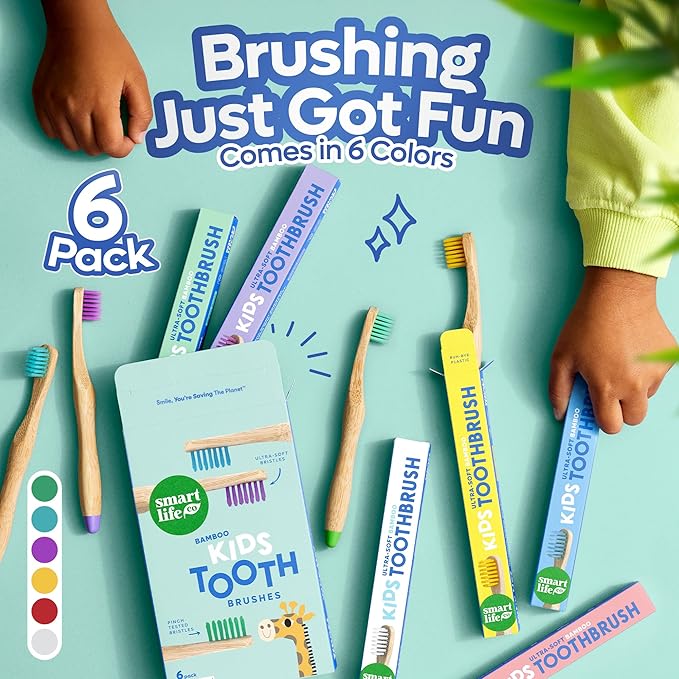 SmartLifeco Kids Bamboo Toothbrushes (6 Pack) - Extra Soft Bristles for Toddlers Teeth | Zero Waste Tooth Brushes for Children | Natural Wooden Child Size Handle | BPA Free, Eco-Friendly