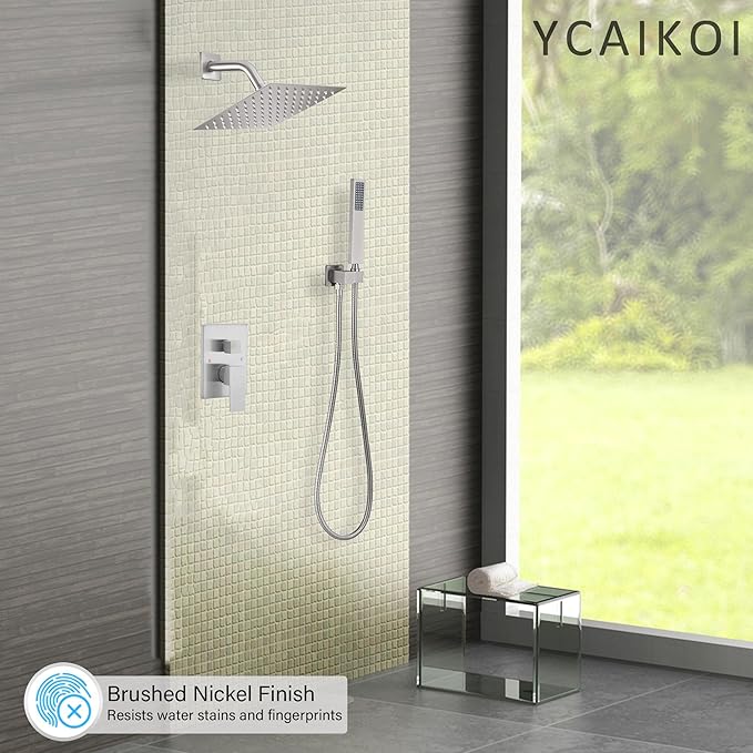 YCAIKOI Brushed Nickel Shower System, 8 Inch High Pressure Rain Shower with Handheld, Wall Mount Shower Faucet Set for Bathroom, Rough-in Valve Body and Trim Included