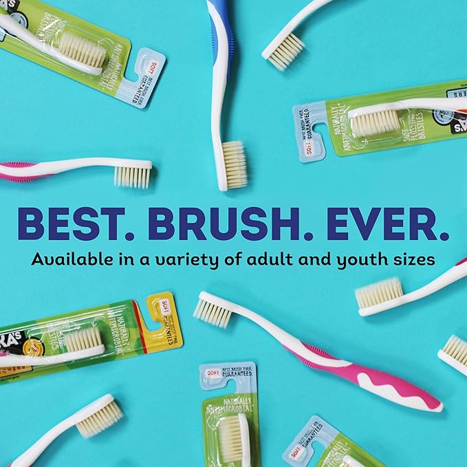 MOUTHWATCHERS Soft Childrens Flossing Manual Toothbrush, Set of 2, Yellow and Blue, Toothbrushes for Kids & Teens, Ultra Clean, by Dr. Plotka's