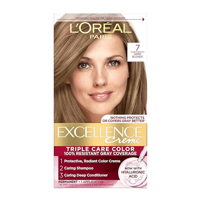 L'Oreal Paris Excellence Crème Permanent Hair Dye, Triple Care Hair Color with Hyaluronic Acid for 100% Gray Coverage, 7 Dark Blonde, 1 Kit (Packaging May Vary)