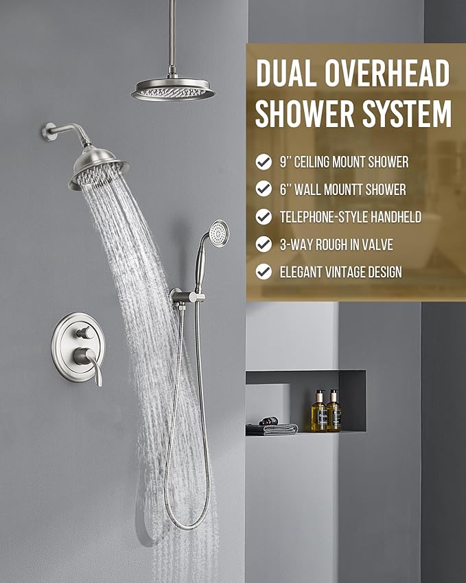 DASAN Antique Dual Shower Head Faucet Set, Dual Rain Shower Head System Complete Double Head Shower Fixture Combo