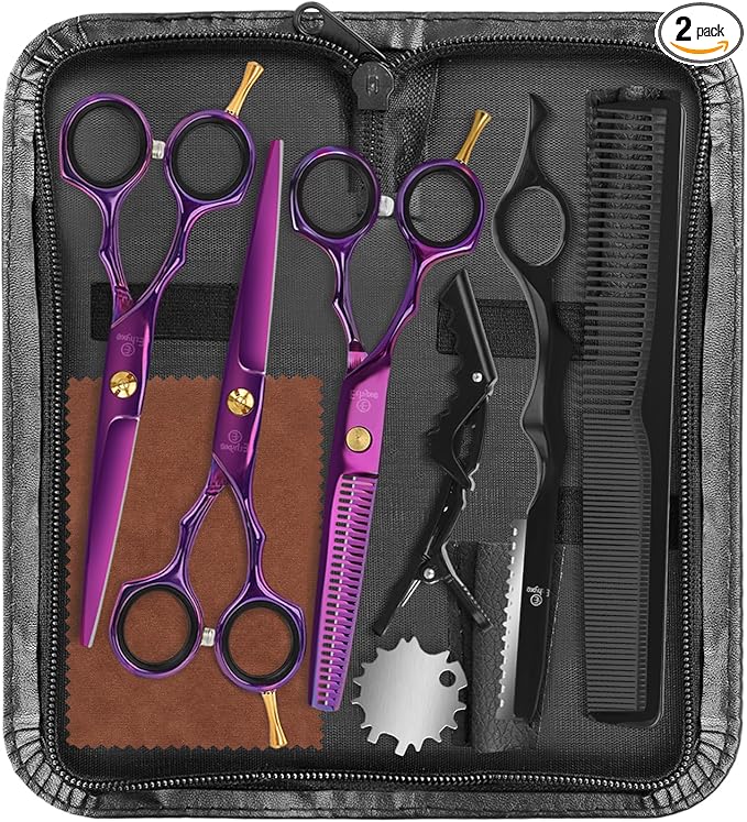 ETHTXE 9Pcs Professional Hair Scissors Set, Stainless Steel Barber Supplies – Includes Straight & Thinning Shears, Hair Thinning Knife – Multi-Use Haircut Tools for Home, Salon, and Barbers (Purple)