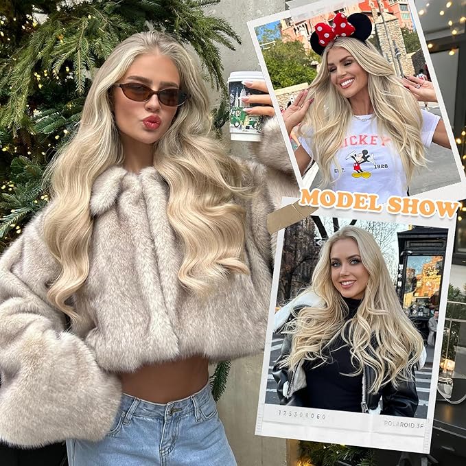 ALXNAN Long Wavy Layered Hair Extensions for Women, Clip in Hair Extensions Clip Ins Soft Full Head Synthetic Hairpieces 20 Inch Light Brown with Platinum Blonde