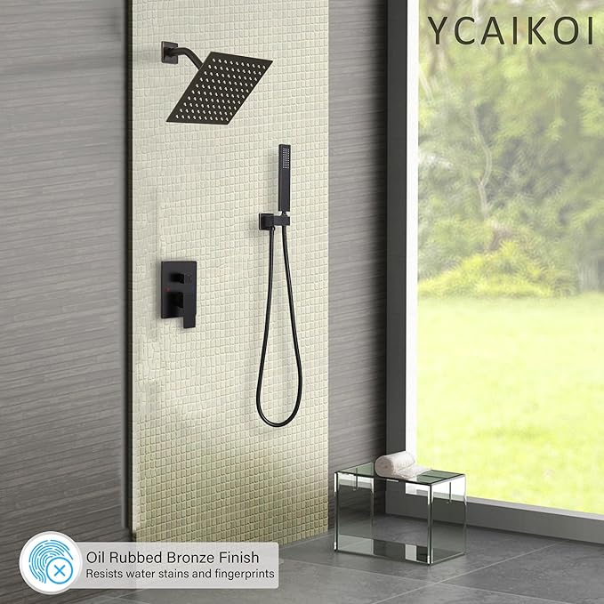 YCAIKOI Oil Rubbed Bronze Shower System, 8 Inch High Pressure Rain Shower with Handheld, Wall Mount Shower Faucet Set for Bathroom, Rough-in Valve Body and Trim Included