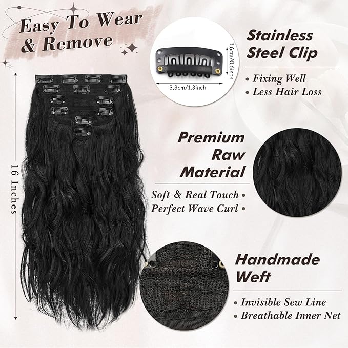 BARSDAR Wavy Black Clip in Hair Extensions - Black Wavy Clip in Hair Extensions for Women - 16 Inch 6 PCS Easy Wear Thick Soft Synthetic Natural Looking Hairpieces Daily Party Halloween