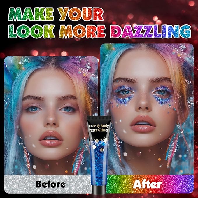 AROIC Face Glitter, 14Pcs Mardi Gras Accessories, Body & Hair Glitter Gel Sparkle Makeup for Women Party Rave Outfits, Concerts Festival Face Paint，Rave Accessories Music Festivals Black Light Party