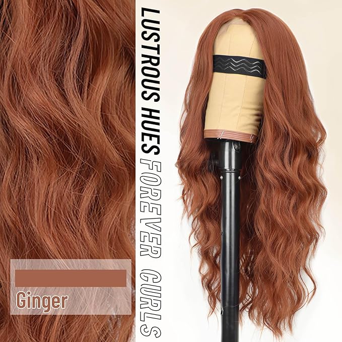 AISI HAIR Ginger Wig for Women, Long Wavy Lace Hairline Middle Part Synthetic Heat Resistant Wig for Daily Party-26 Inch