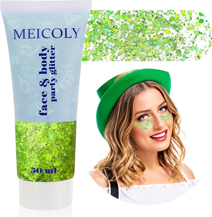 MEICOLY Lime Green Face Body Glitter,Holographic Face Glitter Self-Adhesive,Light Green Body Glitter,St Patricks Day Accessories,Chunky Glitter Face Paint for Party Festival Halloween