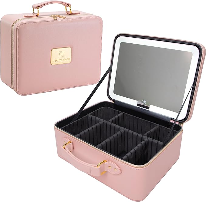 ZhenGuiRu Makeup Bag with LED Mirror, Portable Makeup Artist Organizer Case with Lighted Mirror, Travel Makeup Bag for Women Cosmetic Brush Holder Storage, Pink Makeup Gift for Girls