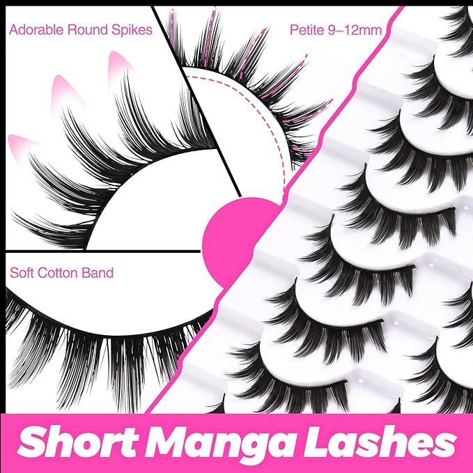 Veleasha Eyelashes Manga Lashes Spiky False Lashes 11mm Short Flase Lashes C Curl Fake Lashes Anime Fake Eyelashes Soft Lightweight False Eyelashes Cosplay Lash Strips 10 Pairs Pack (Dewy)
