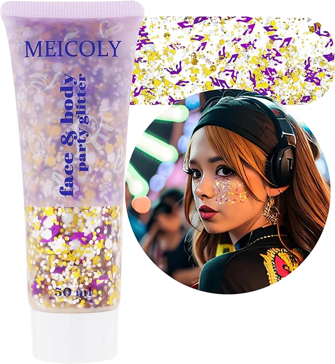 MEICOLY Face Glitter Makeup for Music Festival,Country Concert Outfits for Women, Holographic Gold Silver Purple Body Glitter,Halloween Party Accessories Self-Adhesive Glitter Face Paint,50ml