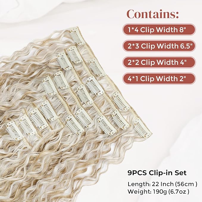LONAI Hair Extension,9PCS Brown 22" Curly Clip in Hair Extensions LN002 Long Soft Thick Synthetic Hairpieces for Women-Blonde with White Blonde Highlights