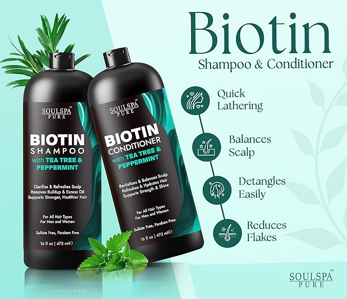 Biotin Shampoo and Conditioner Set for Men & Women with Tea Tree & Peppermint | Sulfate Free Scalp Care & Hair Strengthening System for Thinning, Color Treated & Dry Hair – 16 floz Each | SOULSPA PURE