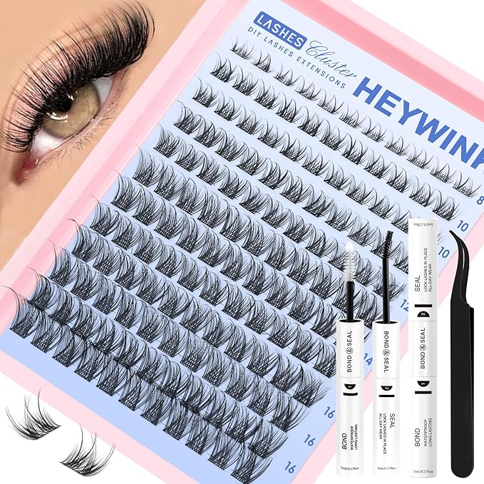 DIY Lash Extension Kit Natural Look Wispy Lash Clusters D Lashes Clusters 8-18mm Eyelash Extension Kit Lash Bond and Seal Lash Tweezers Individual Lashes Lash Cluster Kit For Beginners