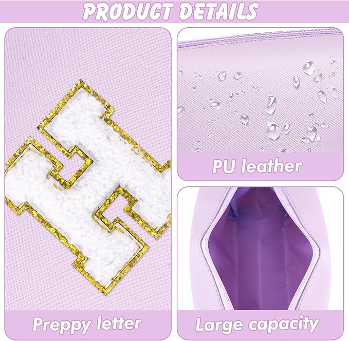 URSKYTOUS Gifts for Girls Initial Makeup Bag Personalized Cosmetic Bag with Zipper Cute Travel Toiletry Bag Waterproof PU Preppy Makeup Pouch Birthday Gift for Teen Girls Women(Purple H)