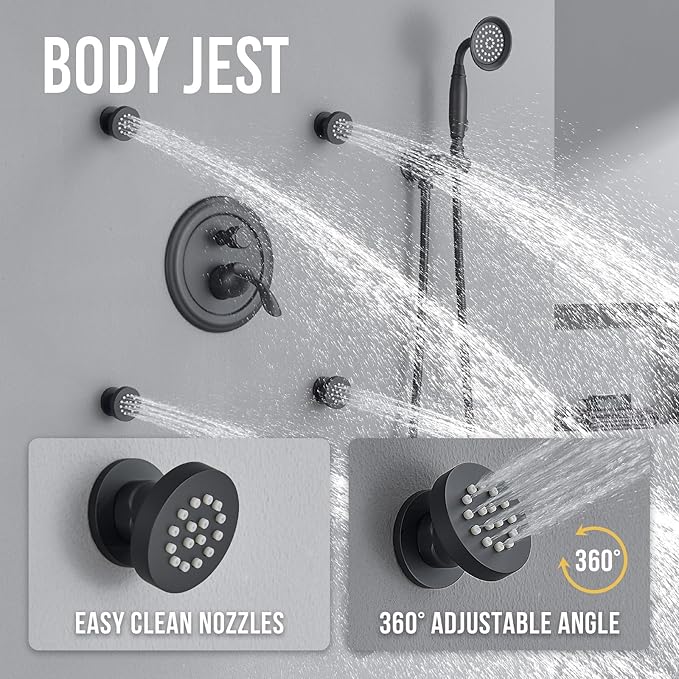 DASAN Antique Shower Faucet Sets Complete Rain Shower System in Wall with Body Shower Spray Jets, Matte Black Shower Fixtures with Rainfall Overhead Shower, Handheld, Shower Valve &Trim, AT249C-MB