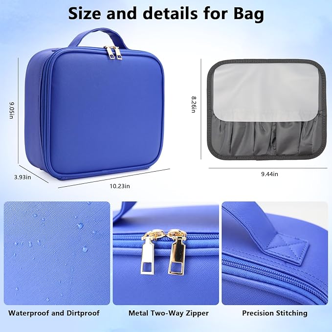 SLUMAZI Travel Makeup Bag with LED Mirror Travel Makeup Organizer with 3 Lighted Settings, Adjustable Dividers and Makeup Brush Storage Bag Dark Blue