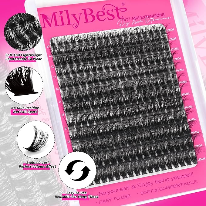 MilyBest Lash Clusters Kit 80D Fluff Cluster Eyelash Extensions 10-18mm Individual Lashes Clusters D Curl Lash Extension Kit, Waterproof Thick Volume Eyelash Clusters with Bond & Seal, Tweezers