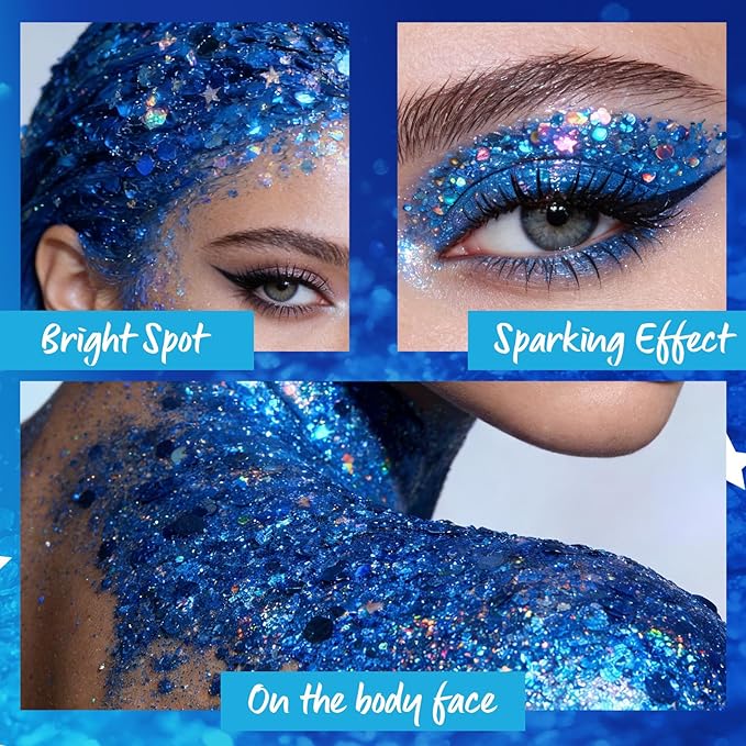 Blue Body Glitter Gel, Rave Carnival Accessories Chunky Sequins Face Glitter for Face Body Hair, Chameleon Color Changing Glitter Gel for Rave Party Mermaid Sequins Accessories Makeup #5