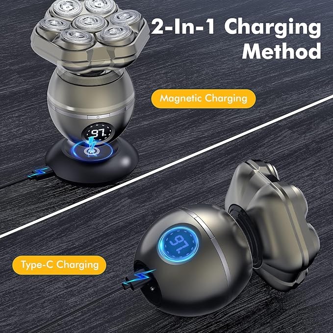 7D Head Shavers for Bald Men: 6 in 1 Detachable Bald Head Shavers - IPX7 Waterproof Wet Dry Electric Razor for Men- LED Display Shaving Grooming Kit with Type-C Charge