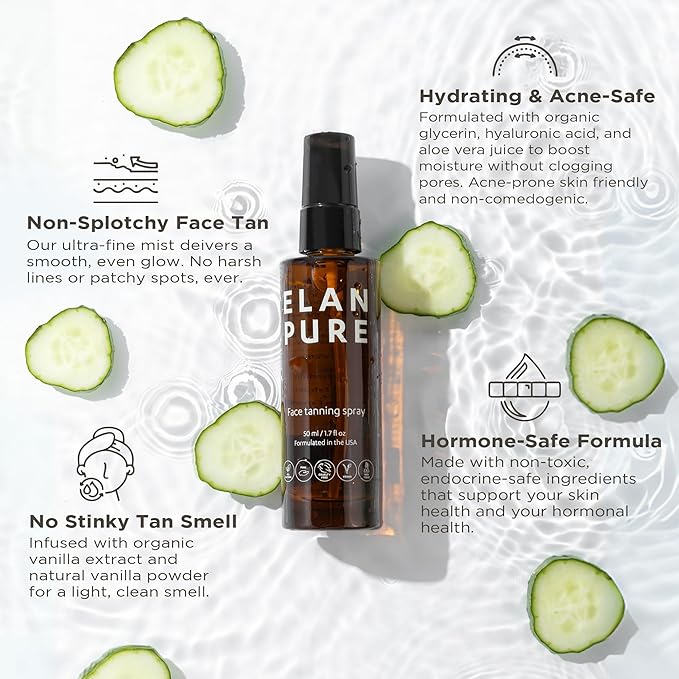 Elan Pure Face Tanning Mist, Organic Ingredients, Sunless Self Tanner, Bronzing, Hydrating, Streak-Free, Long Lasting Glow