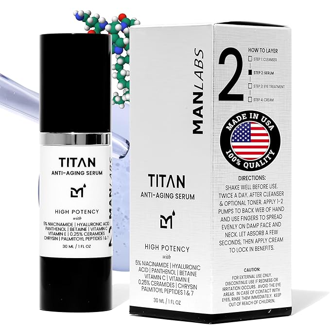 Man Labs Titan Anti-Aging Face Serum for Men – Reduces Appearance of Fine Lines, Dark Spots & Wrinkles – Hydrates Dry and Rough Skin – 5% Niacinamide, Vitamin C, Hyaluronic Acid – Unscented, 1 Fl Oz