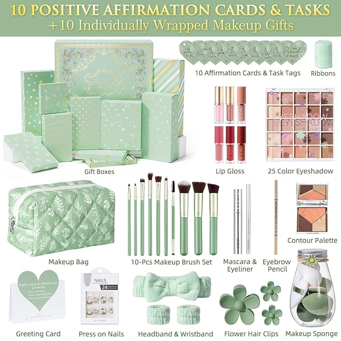 Teen Girl Gifts Trendy Stuff, 10 Positive Affirmation Cards & Empowering Challenges to Unlock 10 Wrapped Makeup Gift Set Motivational Birthday Valentines Day Gift Basket for Tween & Teenage Girls
